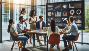 Team reviewing data dashboards during a strategy meeting